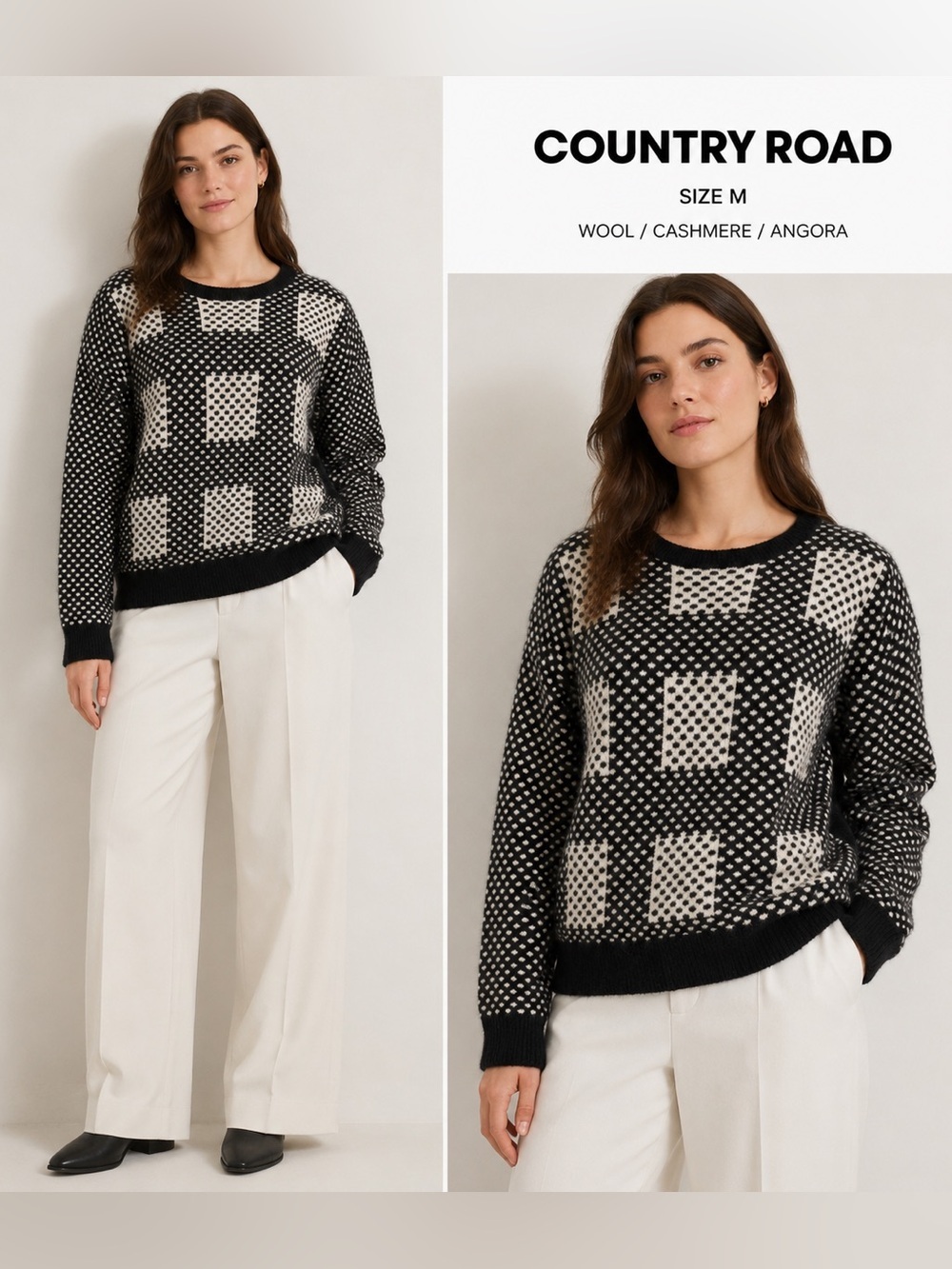 Country Road Wool Blend cashmere angora Geometric Knit Sweater Black & White/M